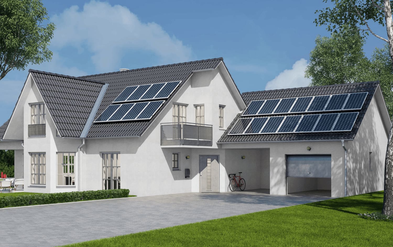 Casă cu panouri fotovoltaice pe acoperiș